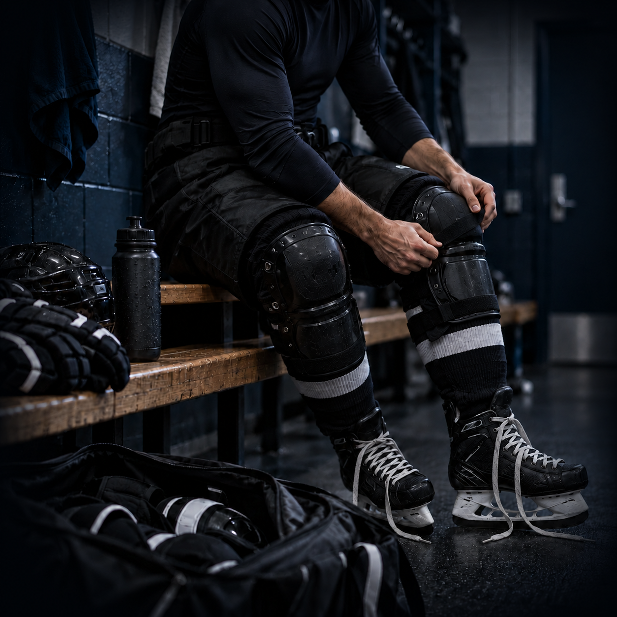 Hockey player adjusting protective equipment in a dressing room