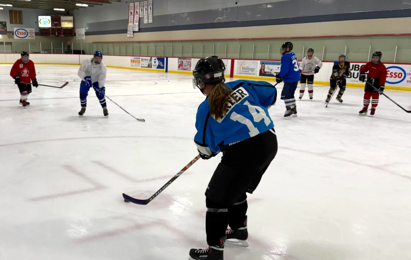 Player in blue controlling the puck