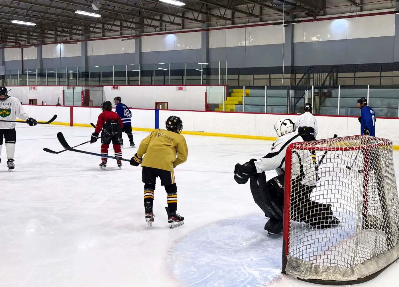 Goalie and players during practice