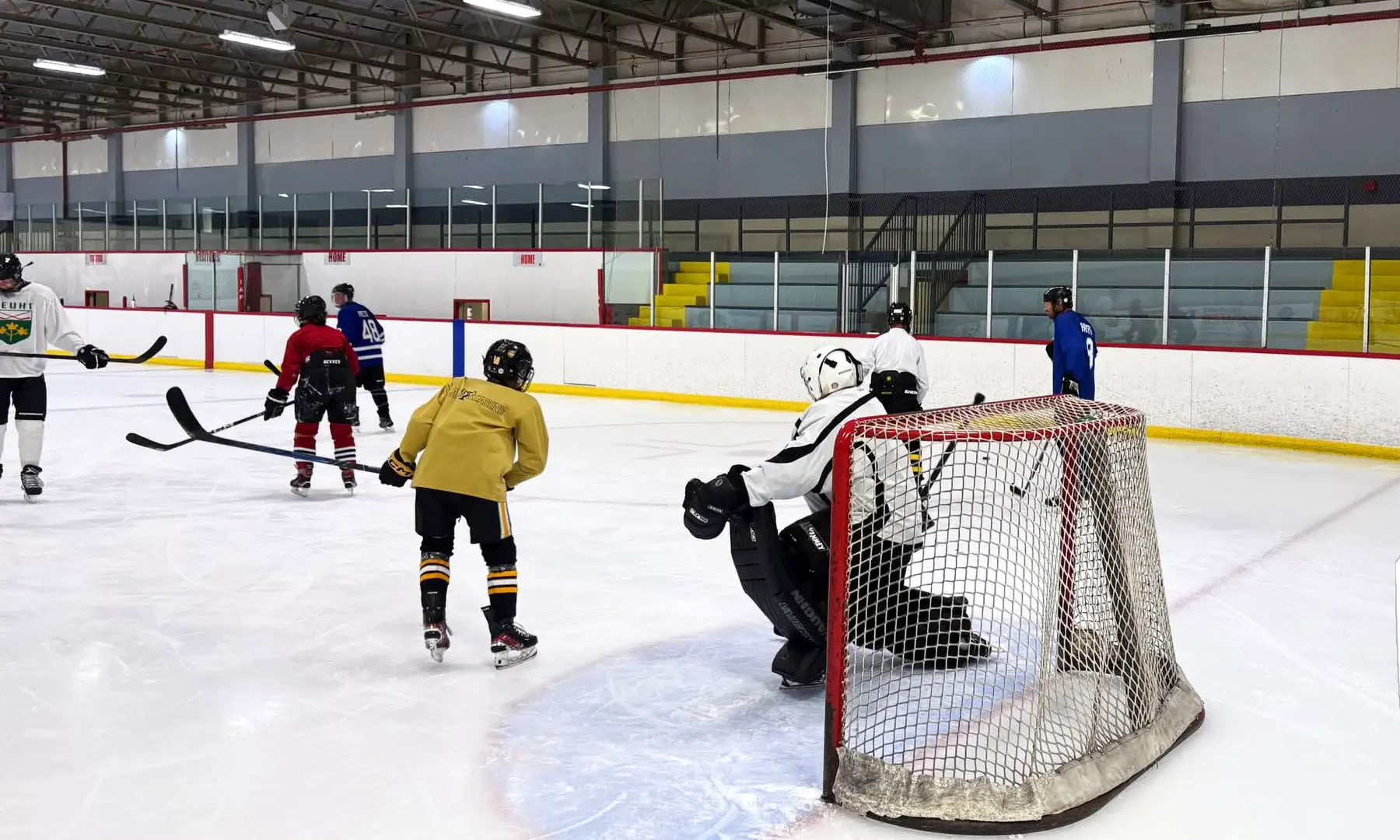 Players practicing near the goal